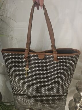 Fossil Rachel Black & White Woven Tote with Brown Trim